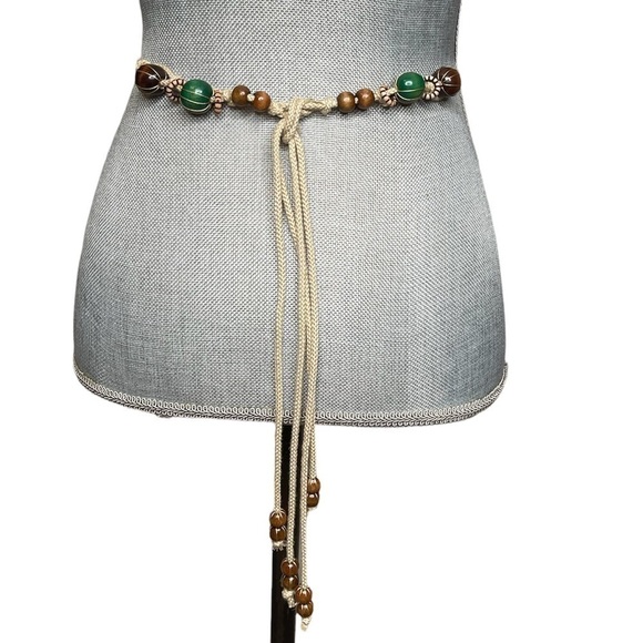 Vintage Accessories - VINTAGE 80’s 90’s Belt Tie Back  Tan Double Rope with Green Brown Wood Beads 10